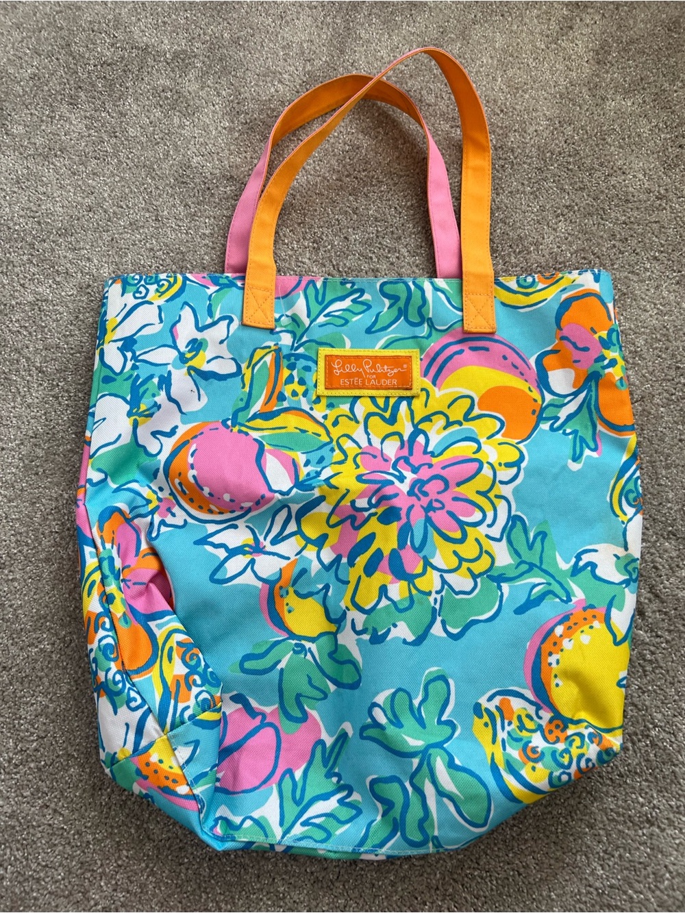 Lilly Pulitzer Aqua Multi Floral Tote with Pink and Orange Handles
